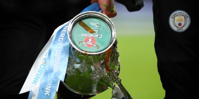 The Carabao Cup Trophy leaves in the colours of Manchester City - Aston Villa v Manchester City, Carabao Cup Final, Wembley Stadium, London, UK - 1st March 2020