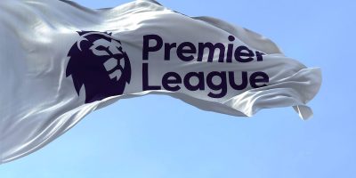 London, ENG, July 2022: Close-up of the Premier League flag waving in the wind. Premier League is the top level of the English football league system. Illustrative editorial